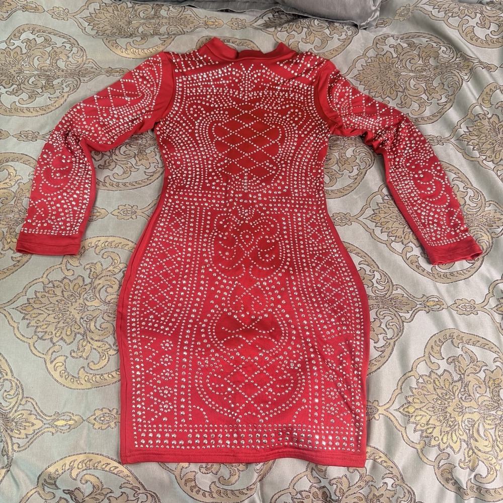 Red Bodycon Mini Dress Women's M High Neck Long Sleeve Rhinestone Zip